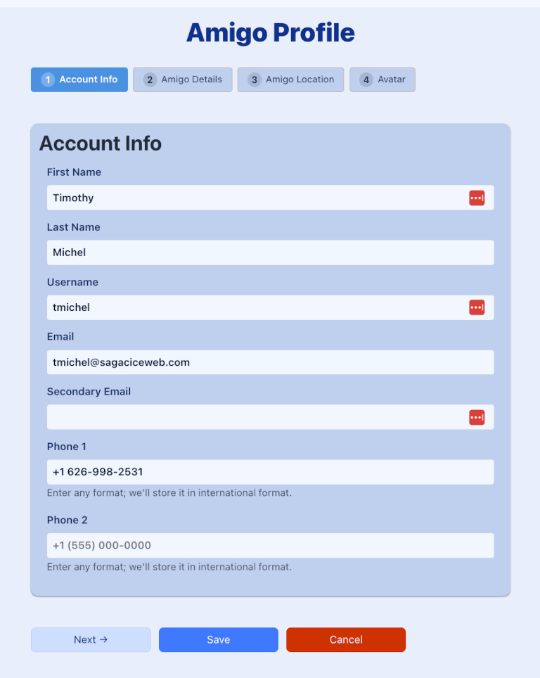 amigo profile account info